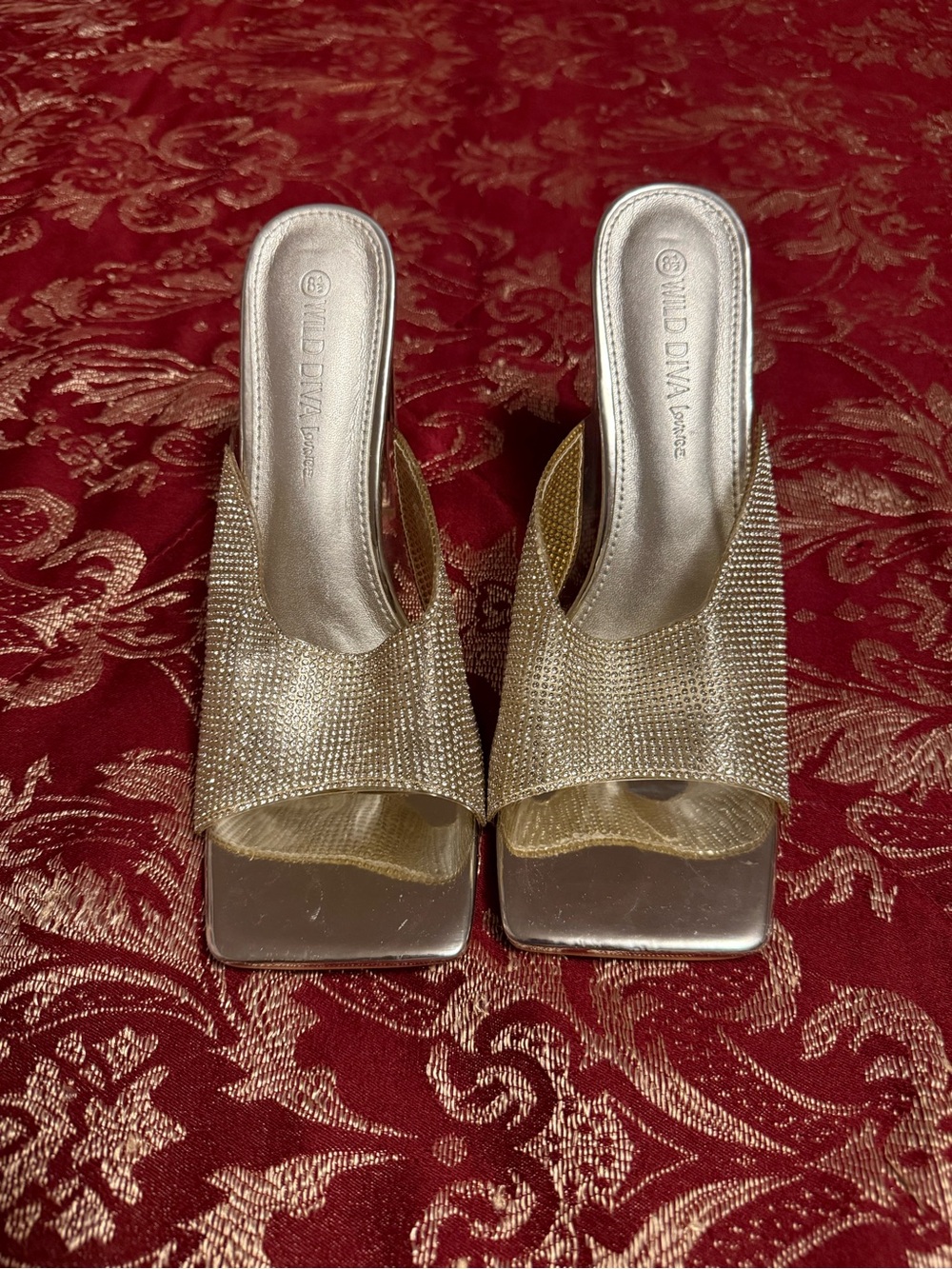 Wild Diva Metallic Silver Crystal Slide Heels